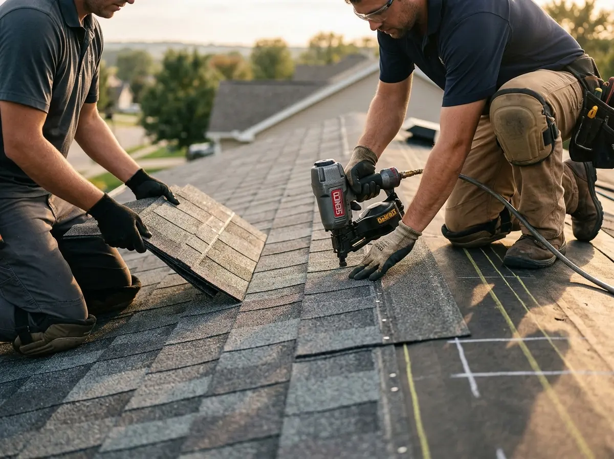 Professional roofer working on a residential roof in North Mankato
